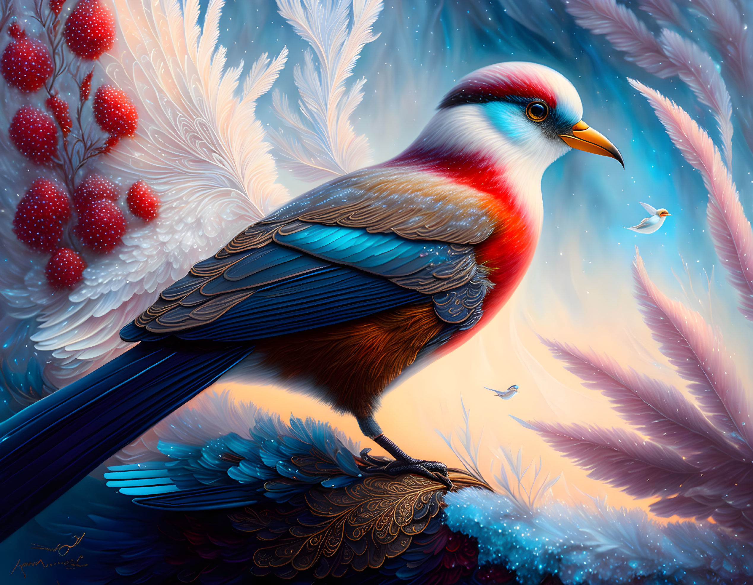 Colorful Bird Perched in Fantasy Setting with Feathery Leaves