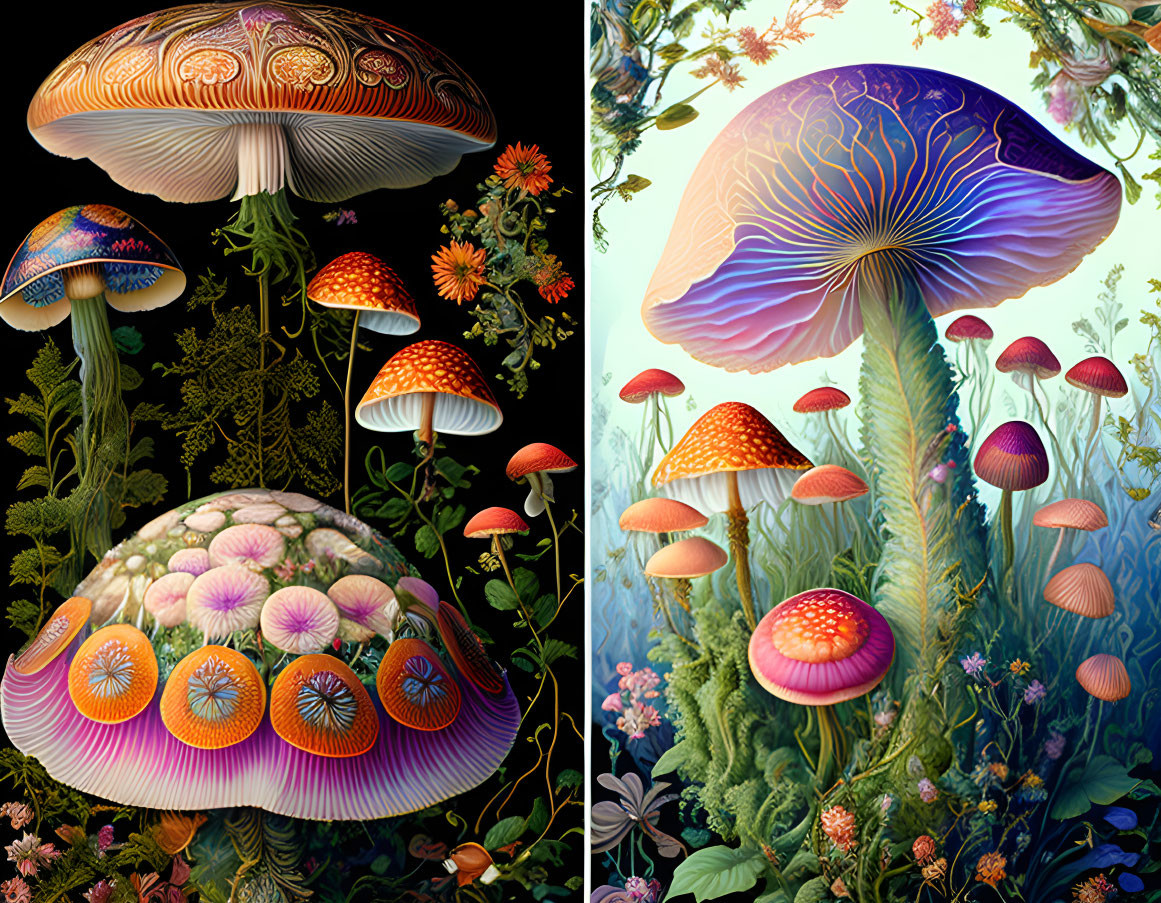 Colorful mushroom illustrations with intricate patterns on black background