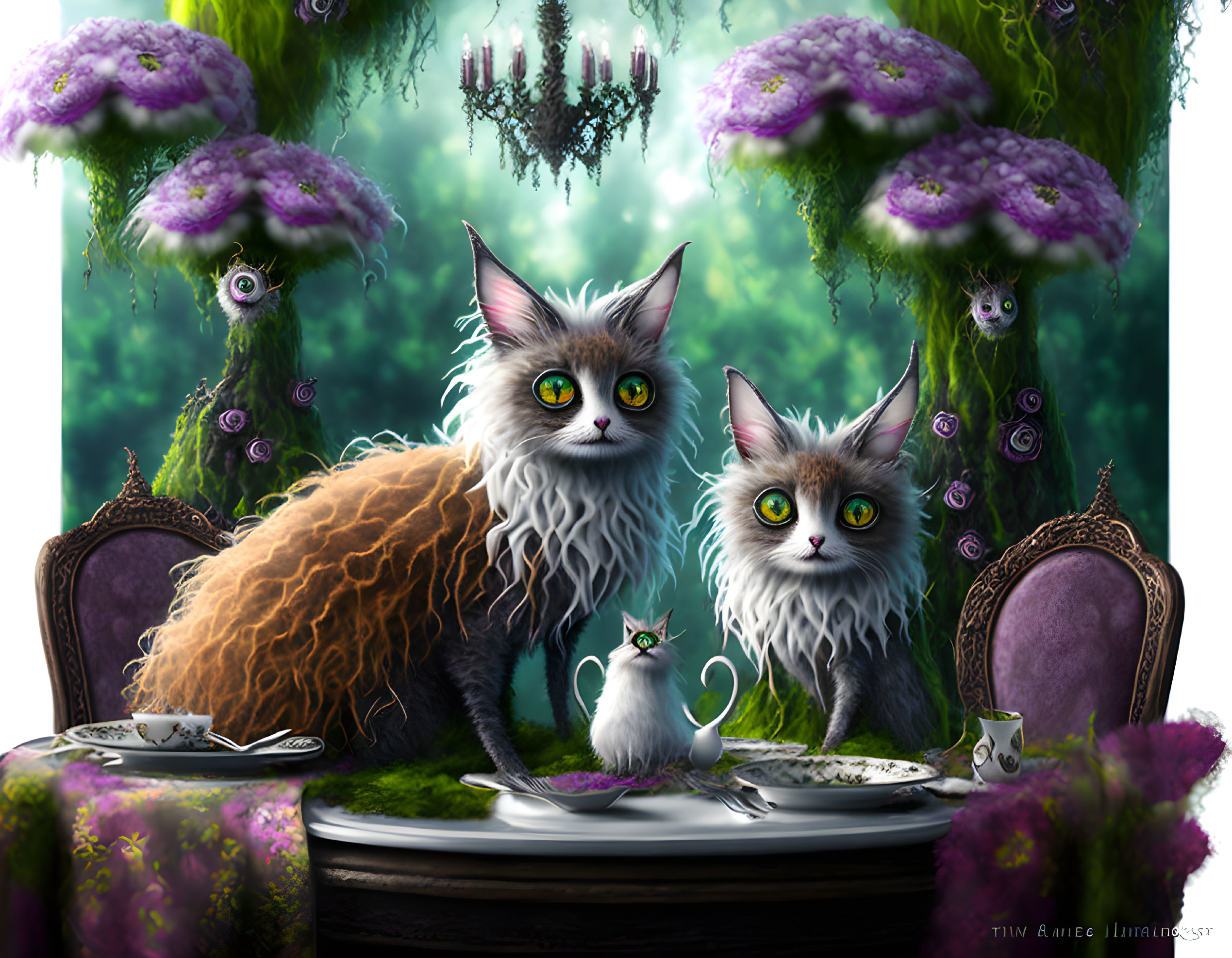 Whimsical cats with striking eyes at a vibrant fantasy table