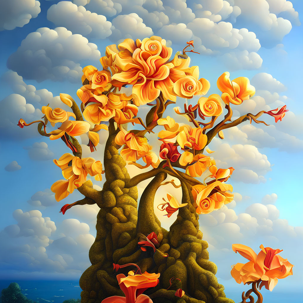 Vibrant tree with orange and yellow rose-like blooms against a surreal sky