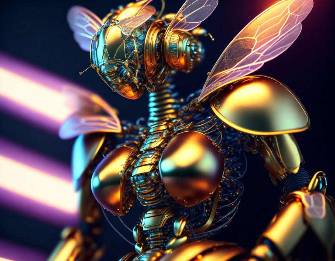 Detailed Metallic Bee with Gold and Copper Components on Neon Background