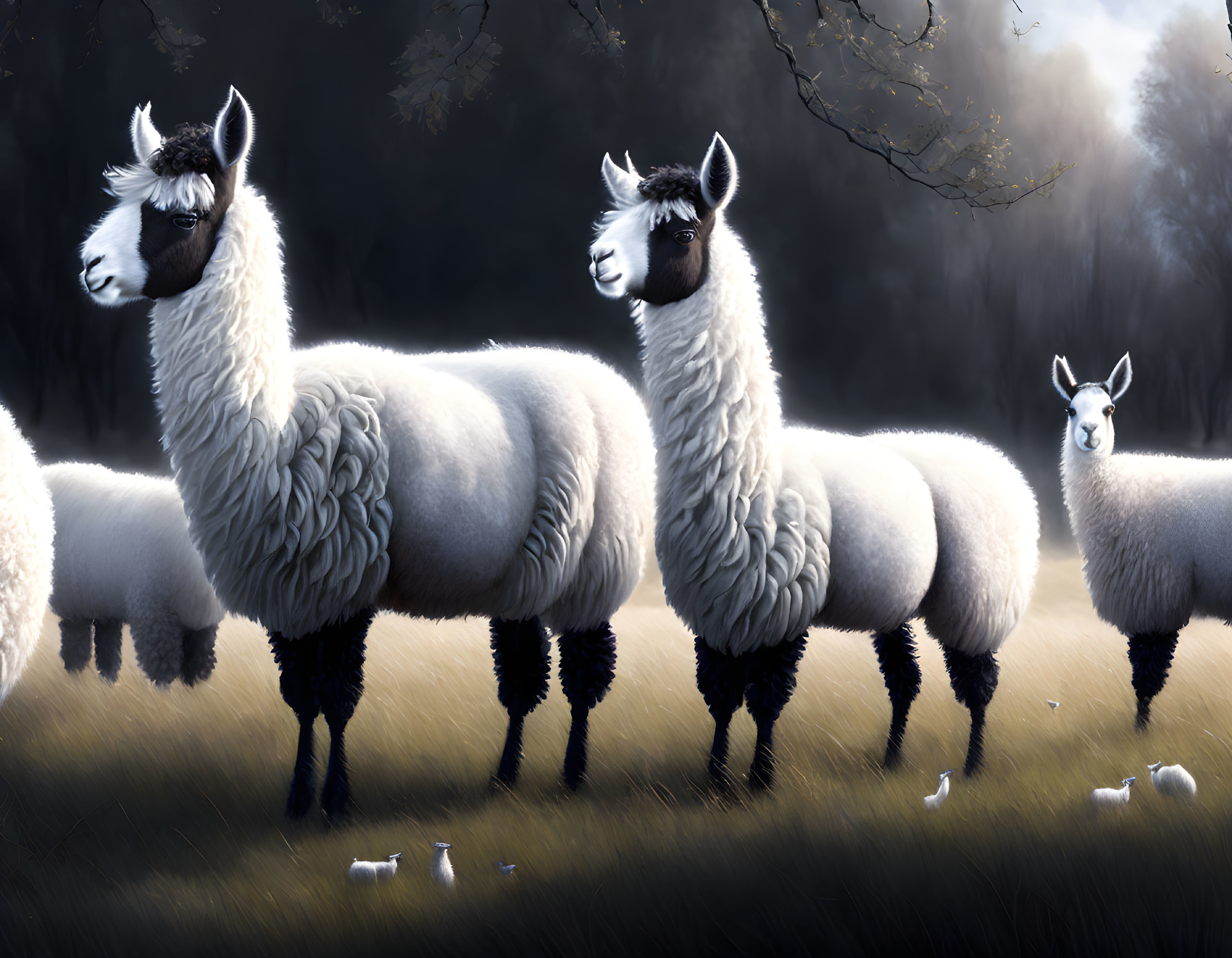 Alpacas with thick white fur in shadowy field