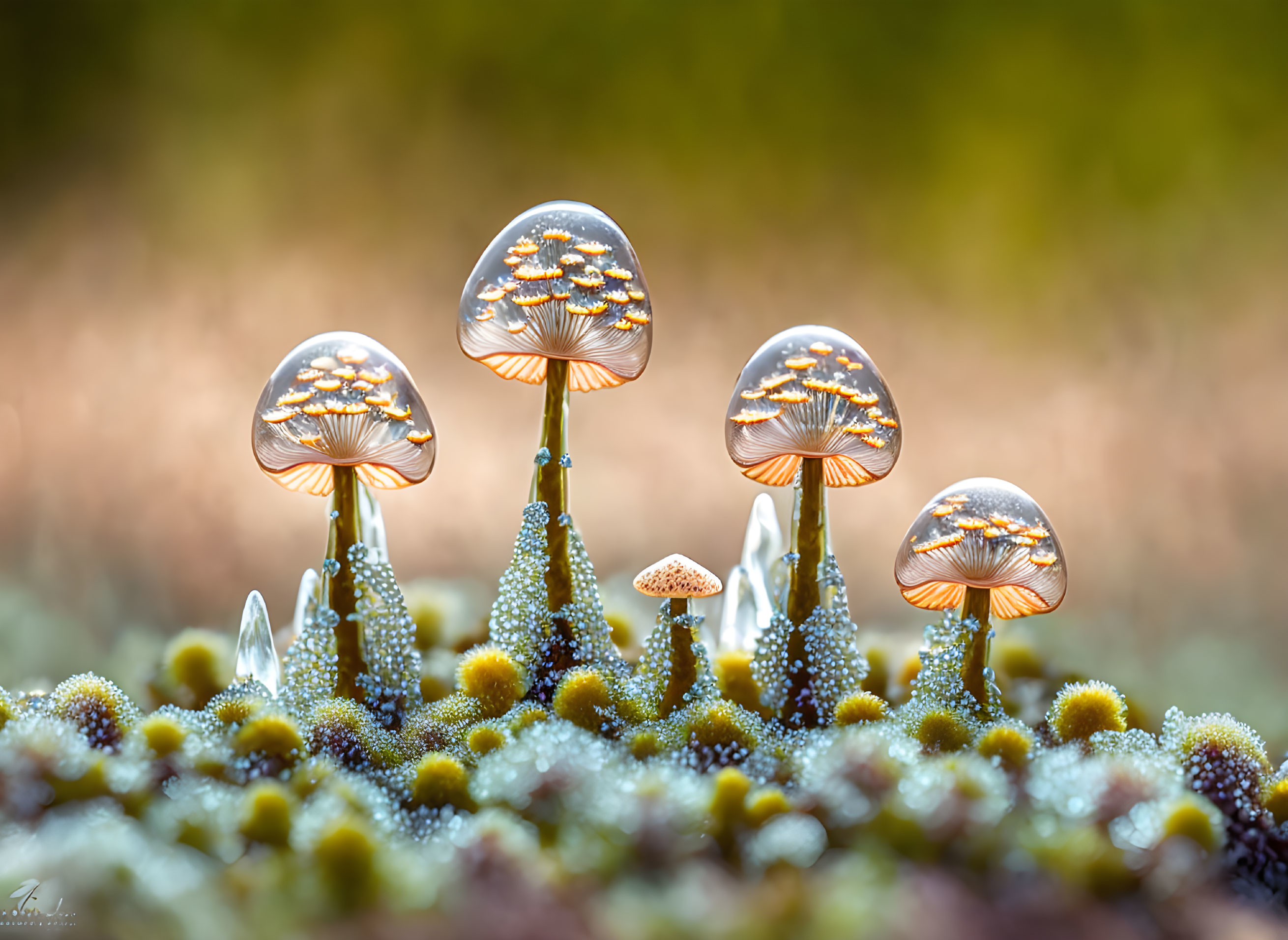 Translucent glowing mushrooms on mossy forest floor with bokeh