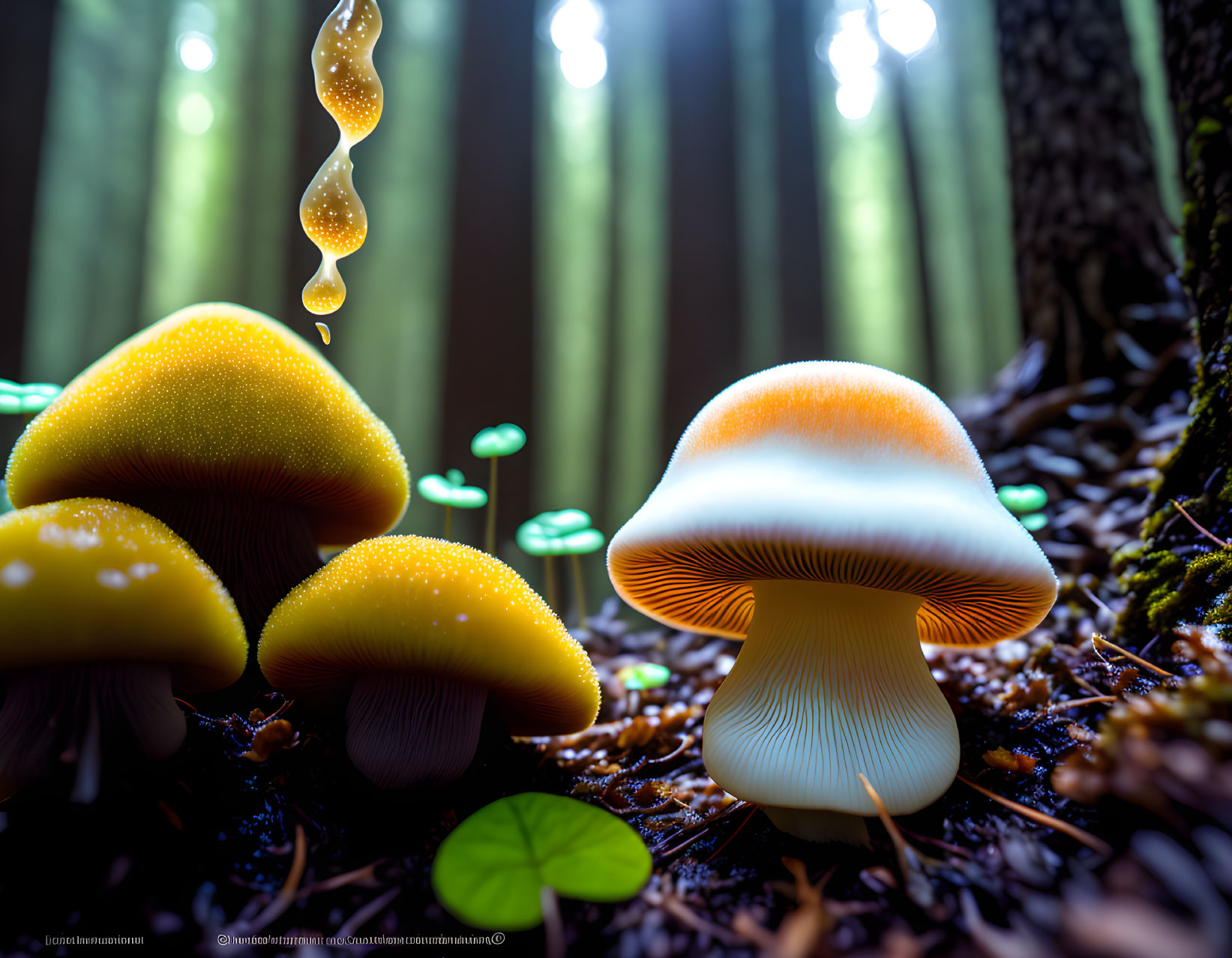 Bioluminescent mushrooms in forest with sunlight and suspended droplet