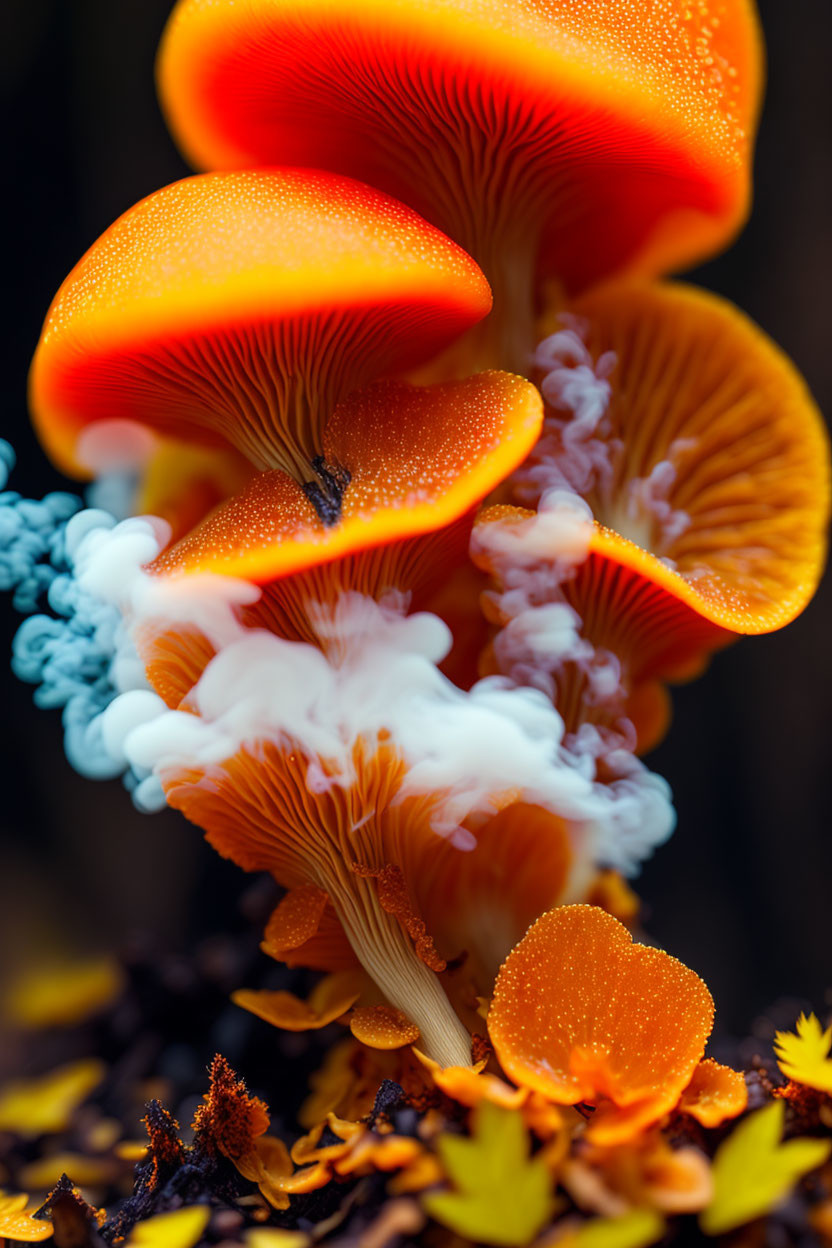 Colorful orange mushrooms with delicate gills and white wisps on a blurred blue and brown backdrop.