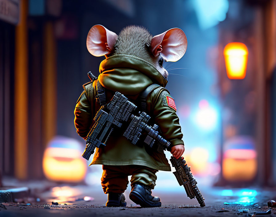 Anthropomorphic mouse in military attire with weapons in urban alleyway at night