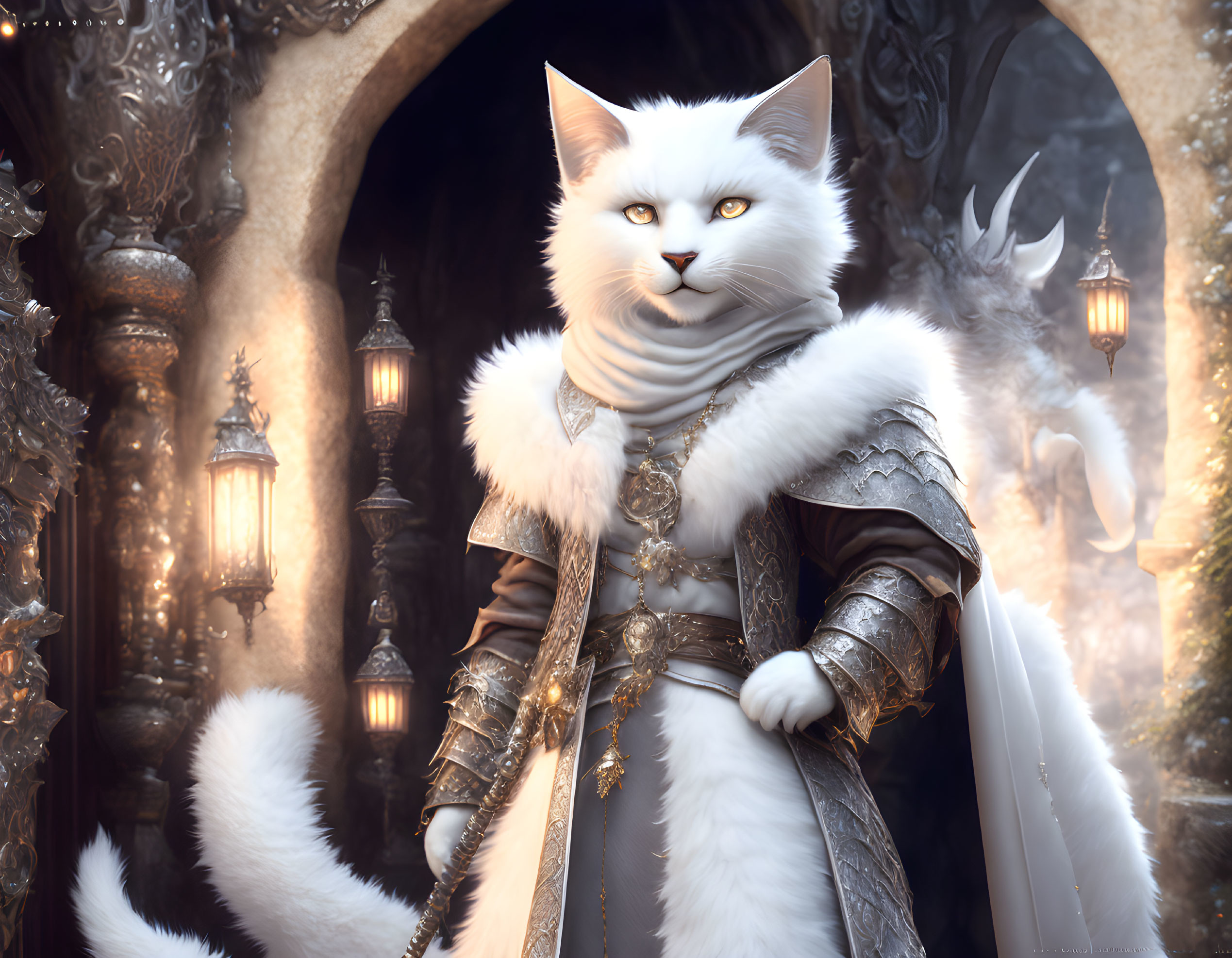 White cat in medieval armor under gothic arches with lanterns