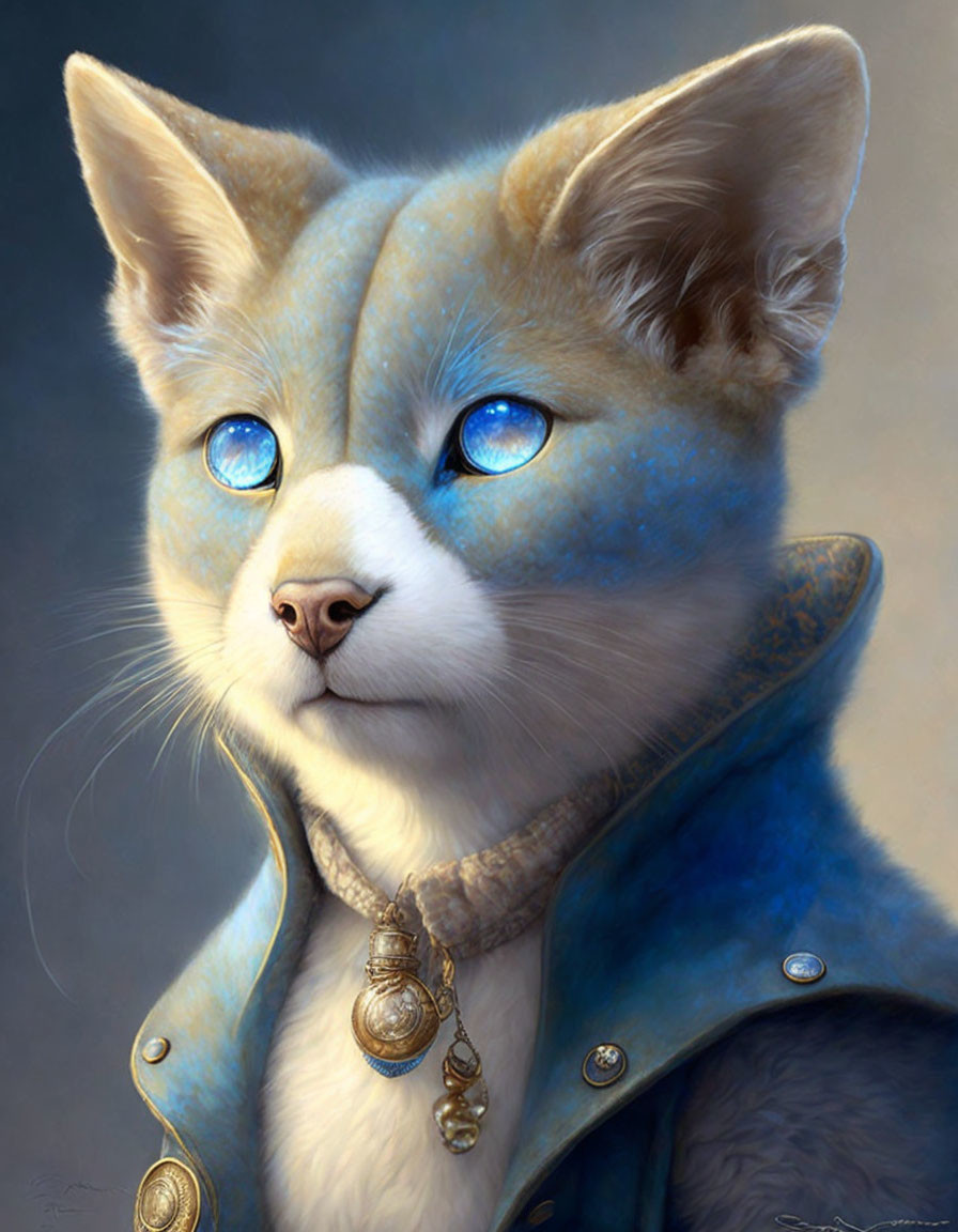 Regal anthropomorphic cat with blue fur and ornate attire