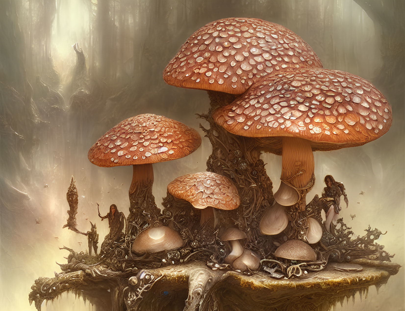 Digital artwork: Oversized dew-covered mushrooms on gnarled tree stump in ethereal forest