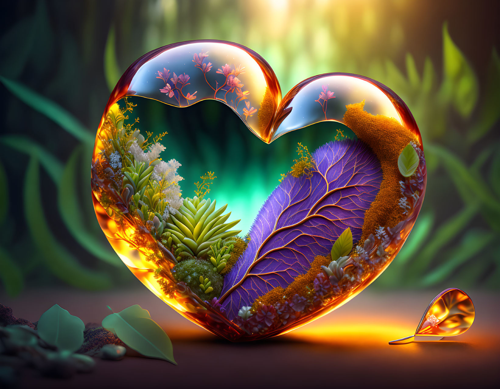 Heart-shaped ecosystem with lush foliage and radiant glow in mystical forest