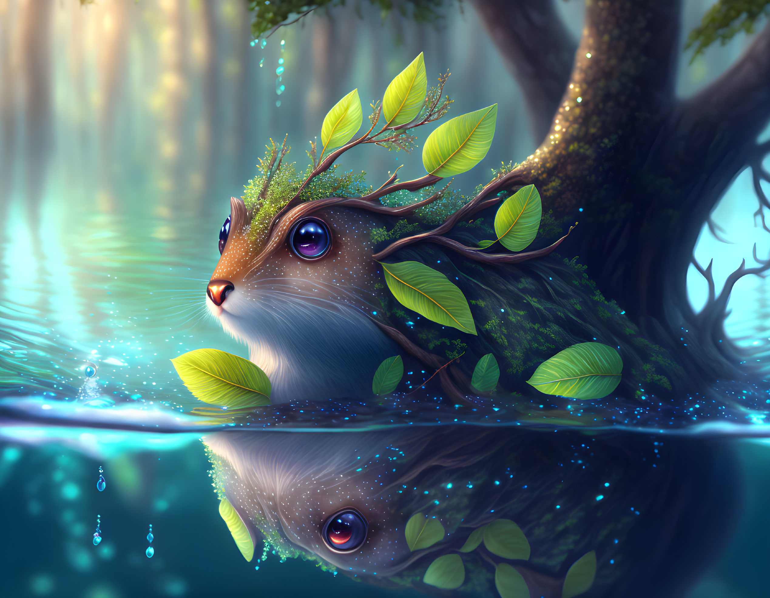 Whimsical digital artwork: Rabbit with tree branches, leaves, submerged in water