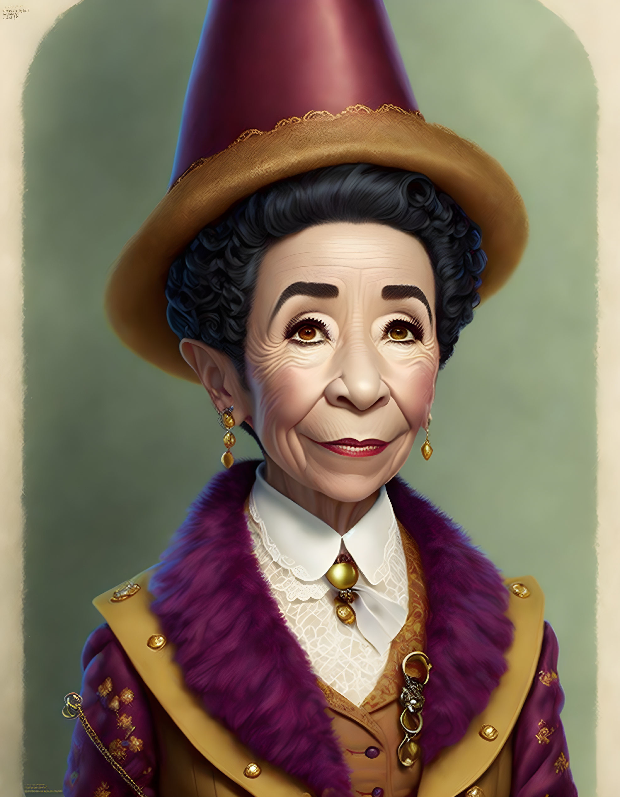 Elderly woman in purple Victorian outfit with high collar and golden jewelry