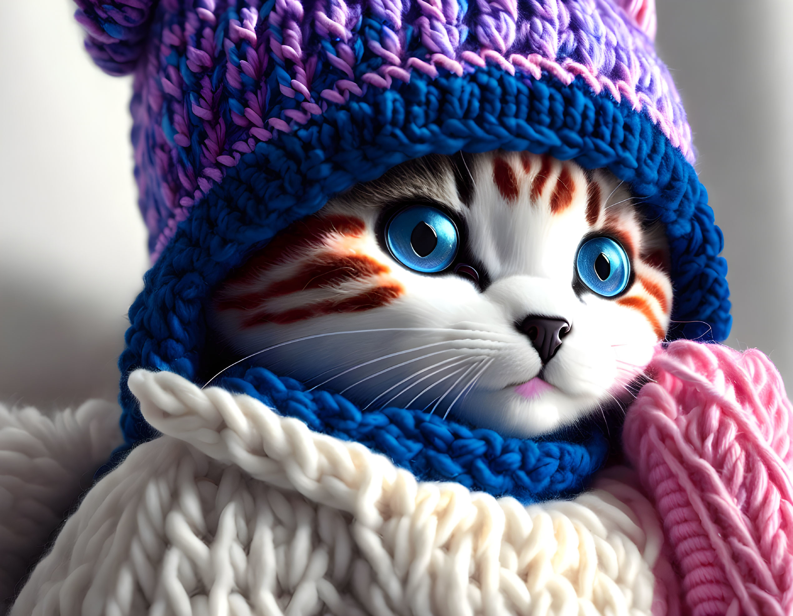 Adorable cat with blue eyes in colorful knitted winter wear