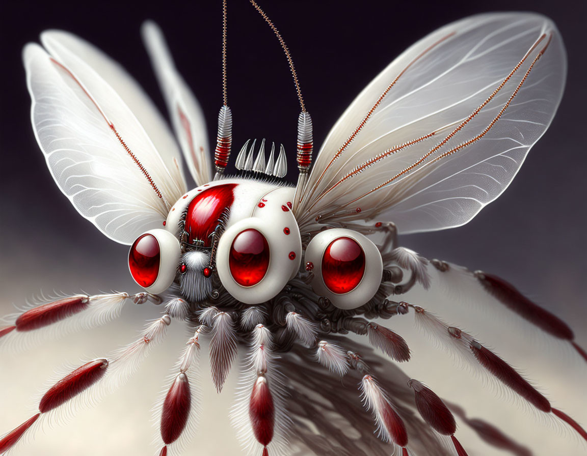 Detailed mechanized insect with red eyes, silver and white body, delicate translucent wings.