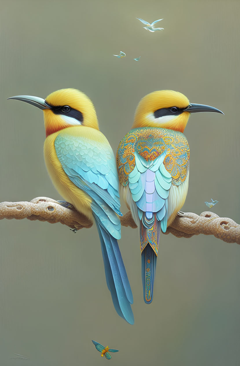 Ornately patterned birds with intricate designs on branch under warm light