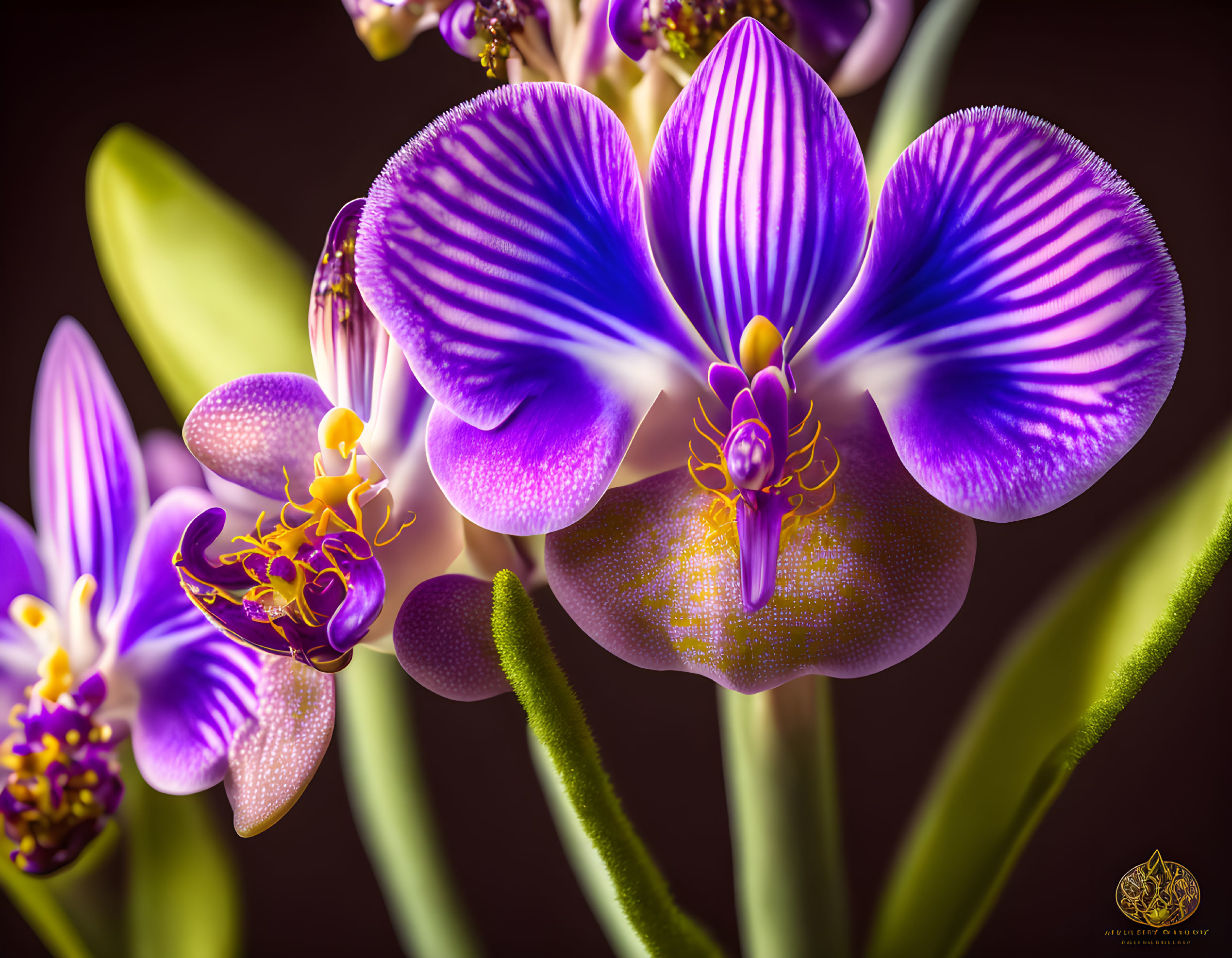 Purple and White Orchids with Yellow Center on Dark Background