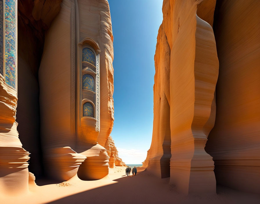 Desert canyon merged with Gothic stained glass window under blue sky