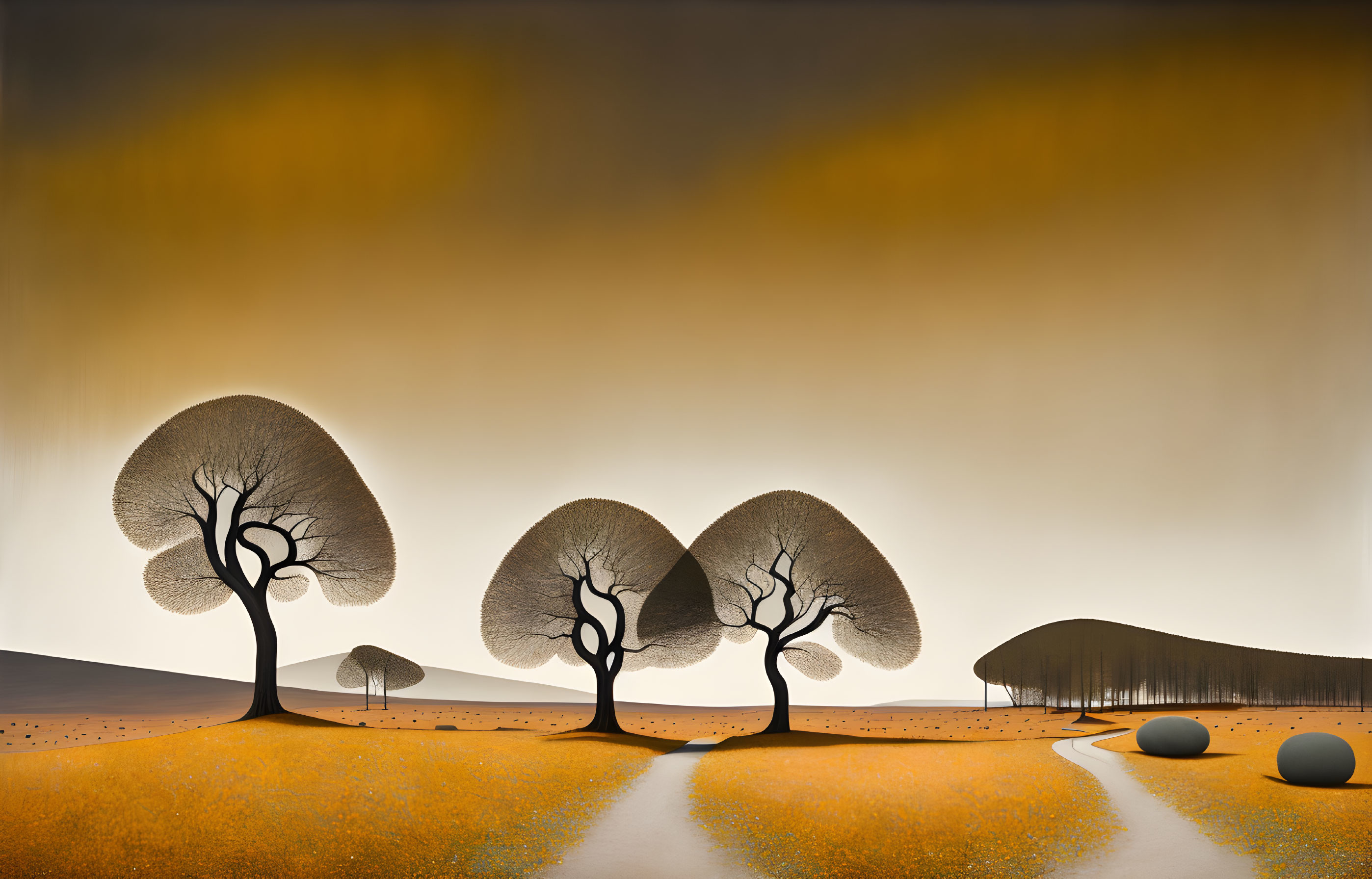 Surreal landscape with bare trees, oversized leaves, and spherical stones