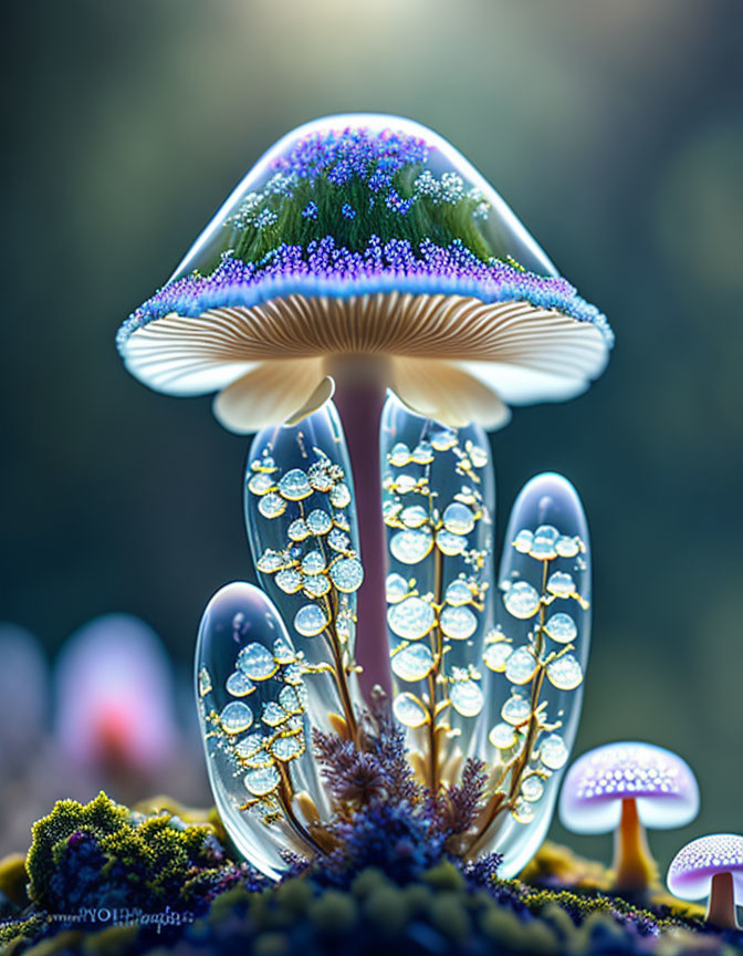 Luminescent mushroom with jellyfish-like cap on bokeh-lit background