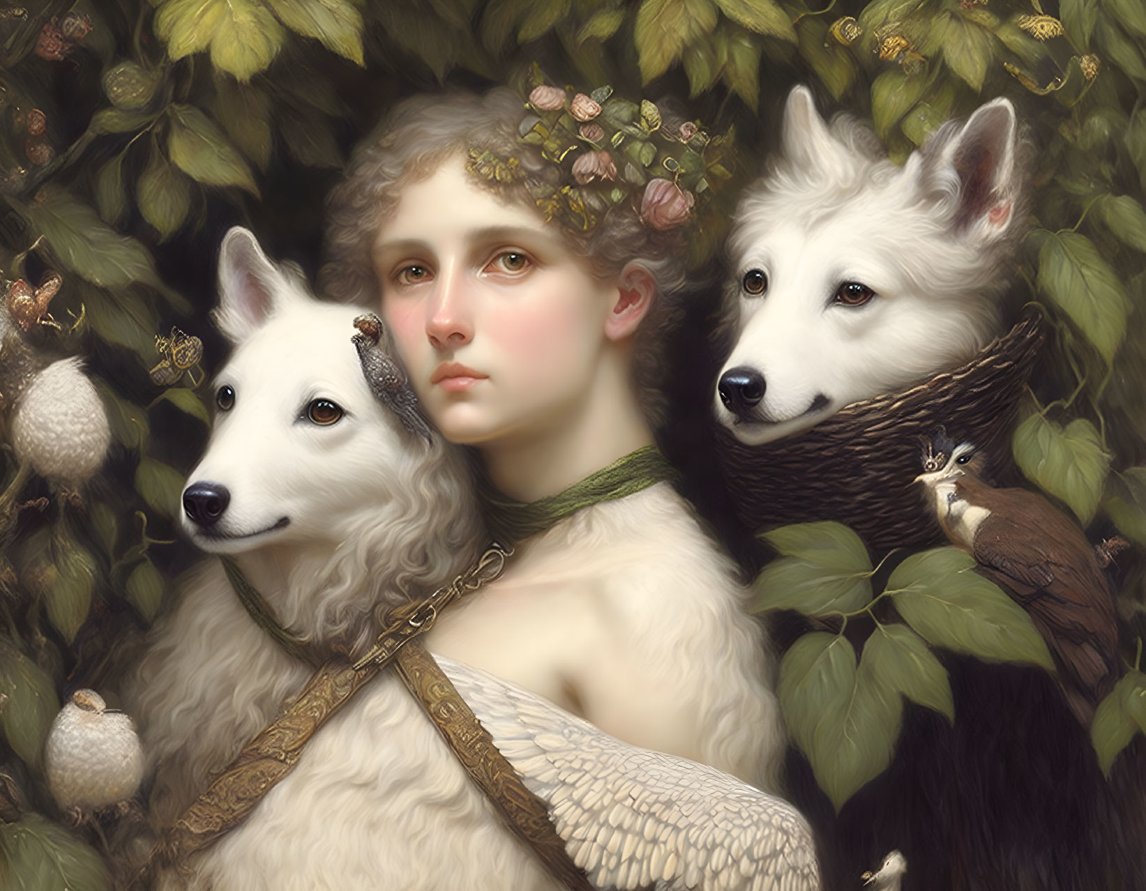 Portrait of woman with flowers in hair, white dogs, bird, and butterflies in nature scene