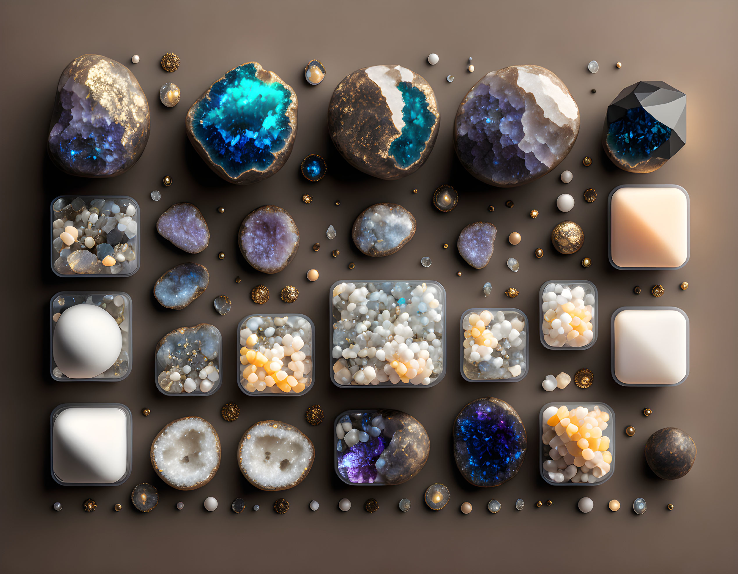 Diverse Sparkling Geodes, Crystals, and Stones Array