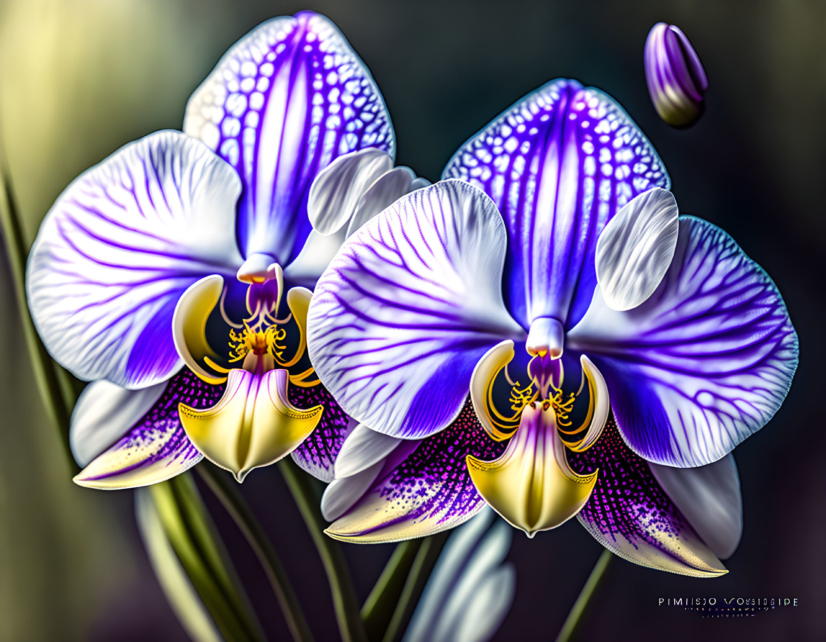 Colorful digital art: large purple and white speckled orchids with yellow centers on soft-focus