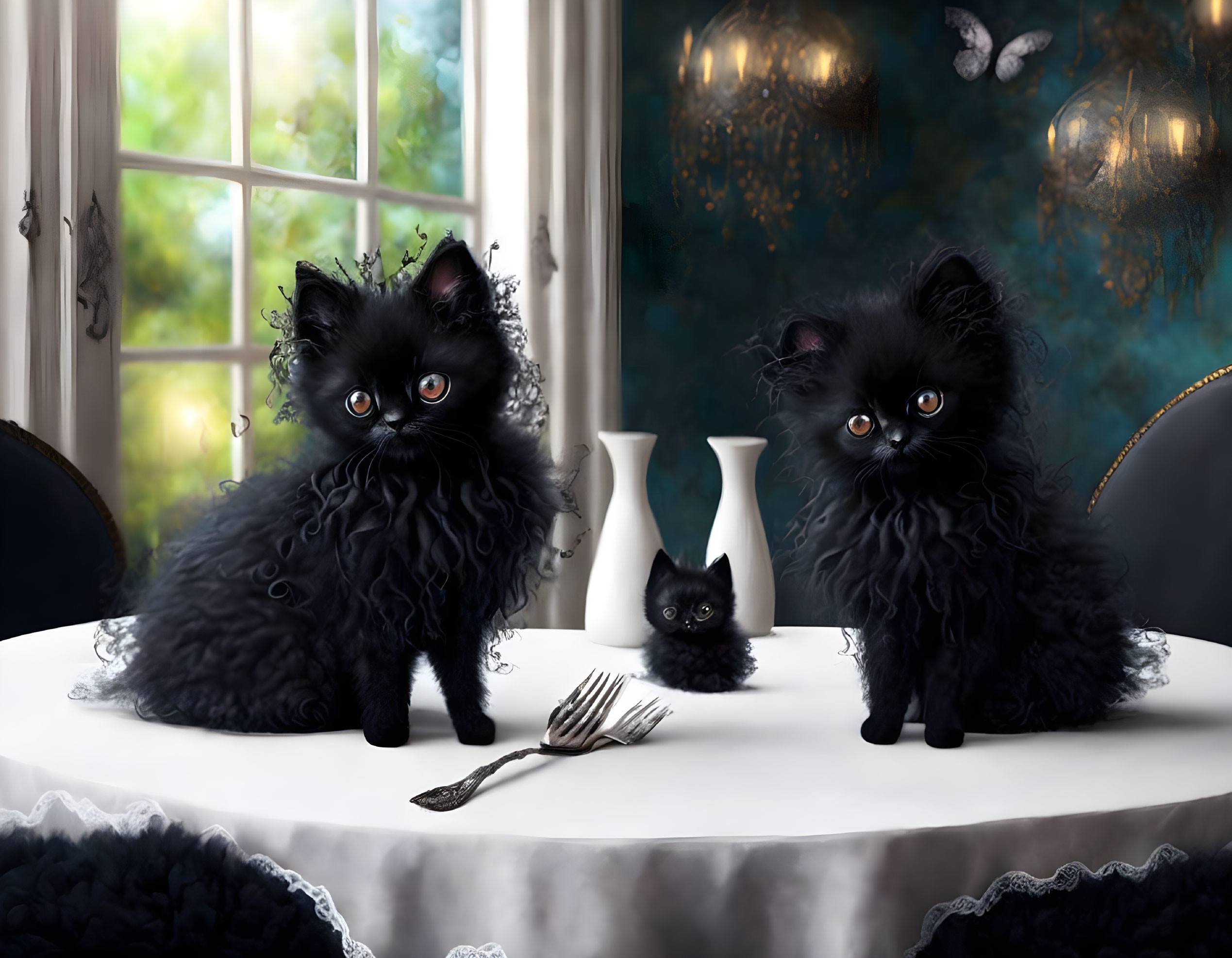 Three Black Cats with Yellow Eyes on White Table Near Window