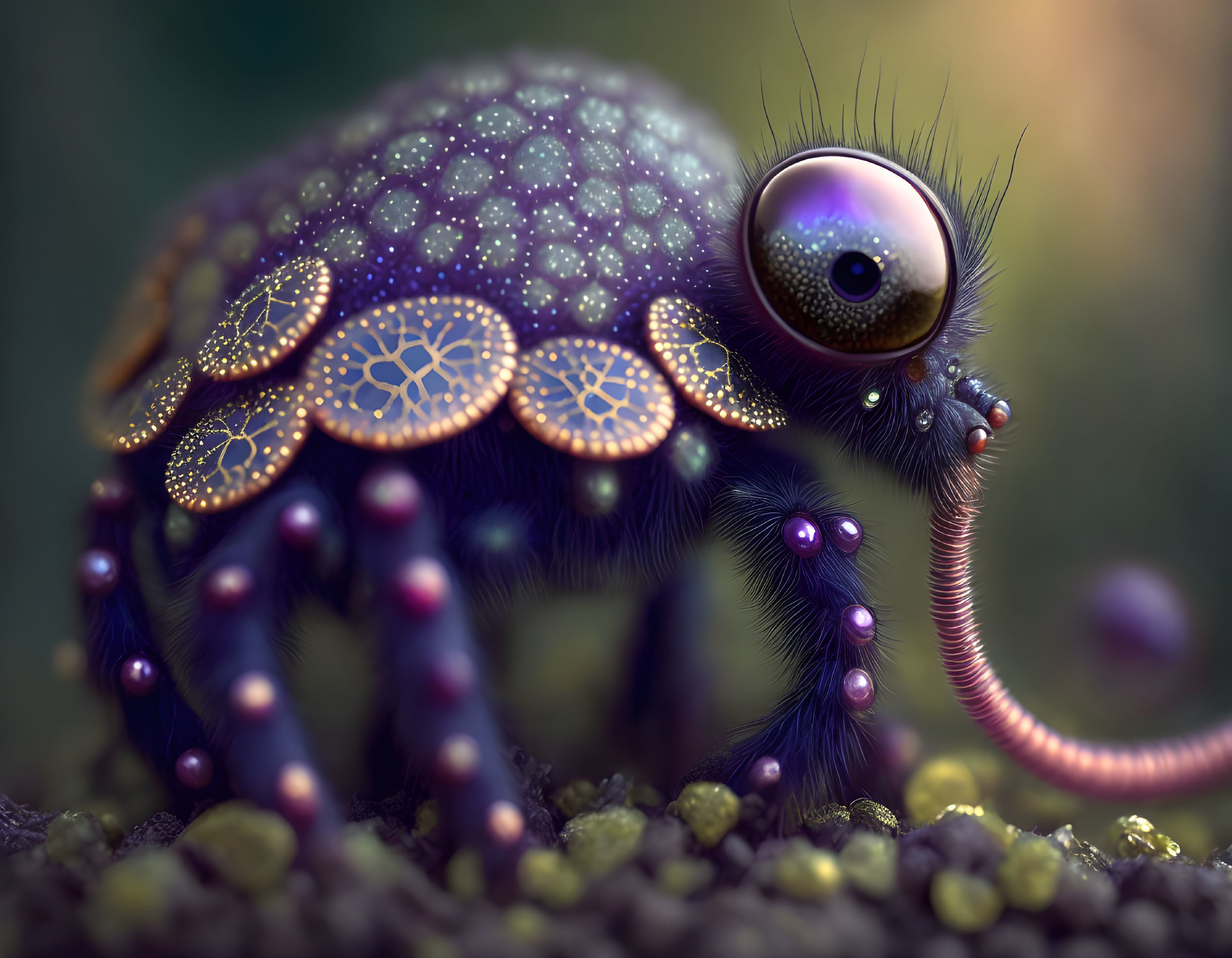 Whimsical creature with large eye, violet skin, golden patterns, and multiple legs