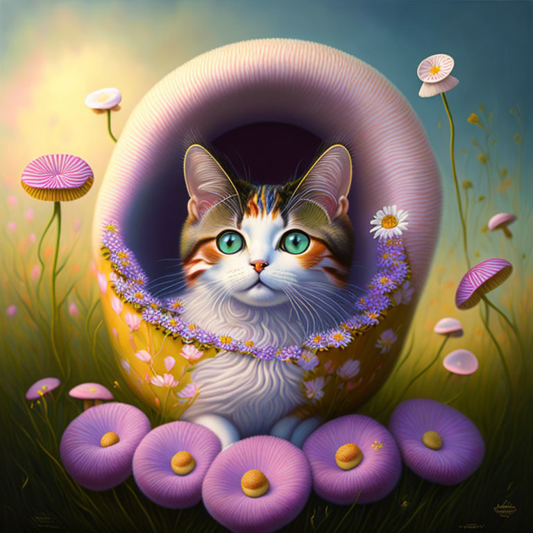 Colorful-eyed cat in ring of purple mushrooms in dreamy meadow