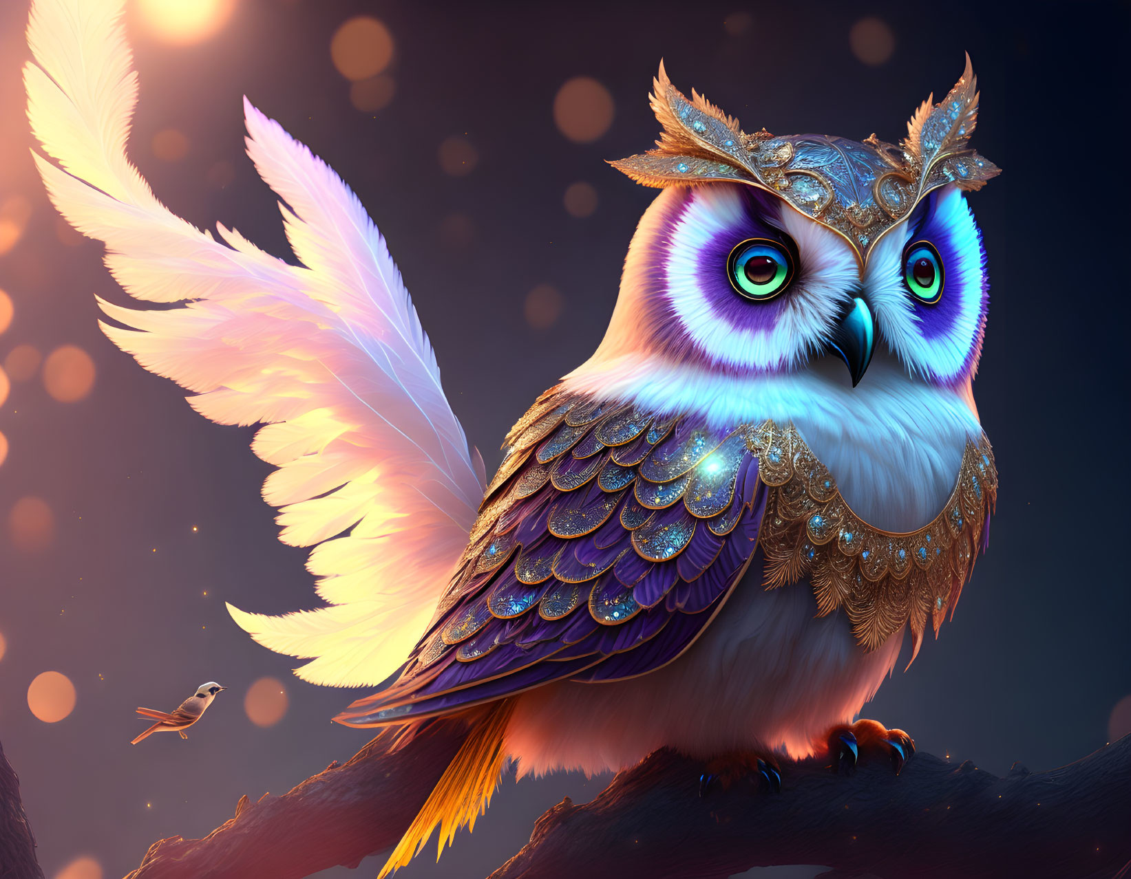 Stylized owl with blue eyes in golden armor on dreamy backdrop