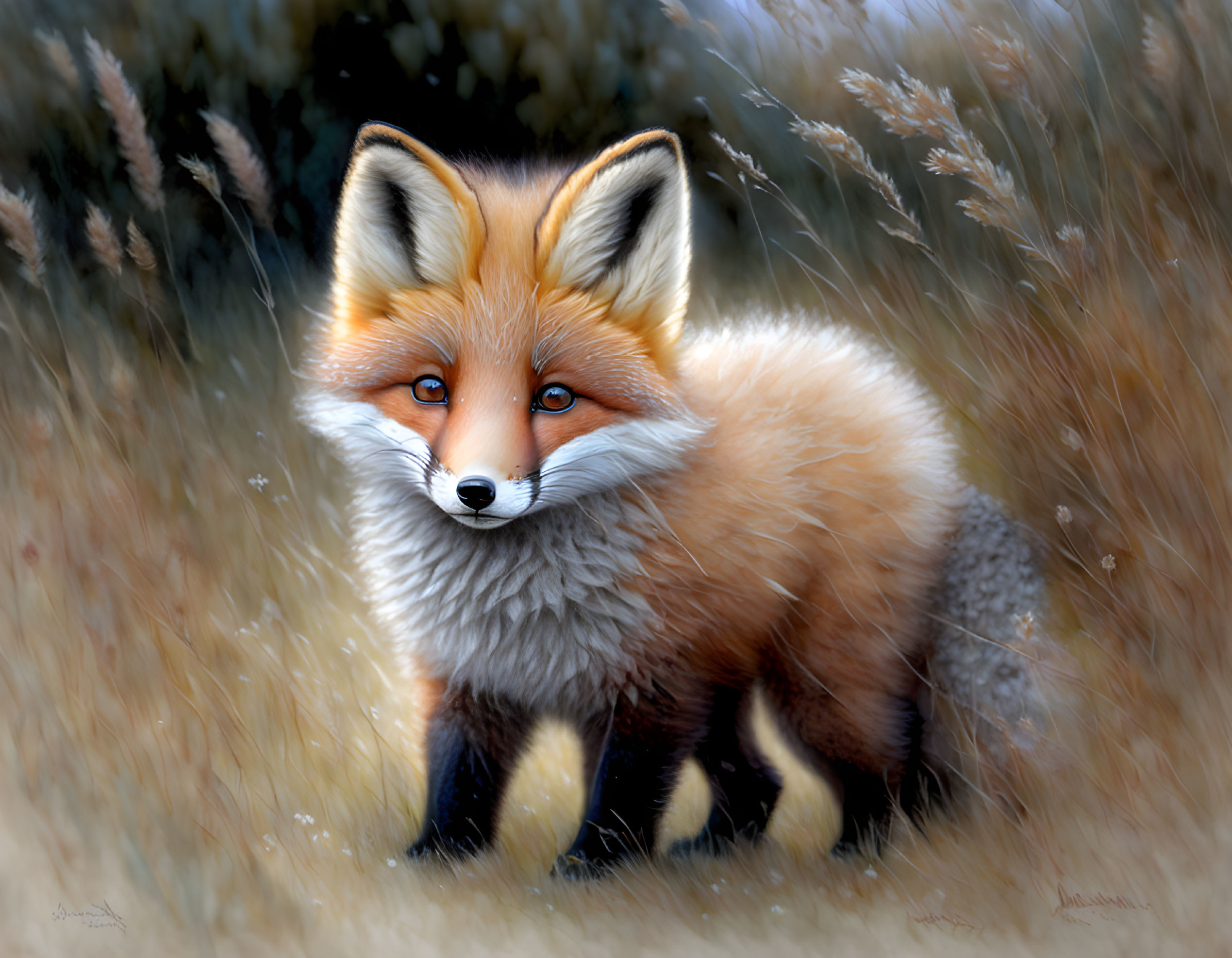 Realistic illustration of red fox with vibrant orange fur in natural setting