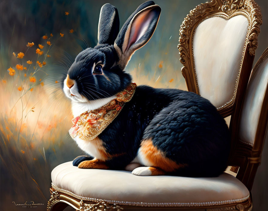 Regal black and brown rabbit on ornate cream chair amid amber flowers