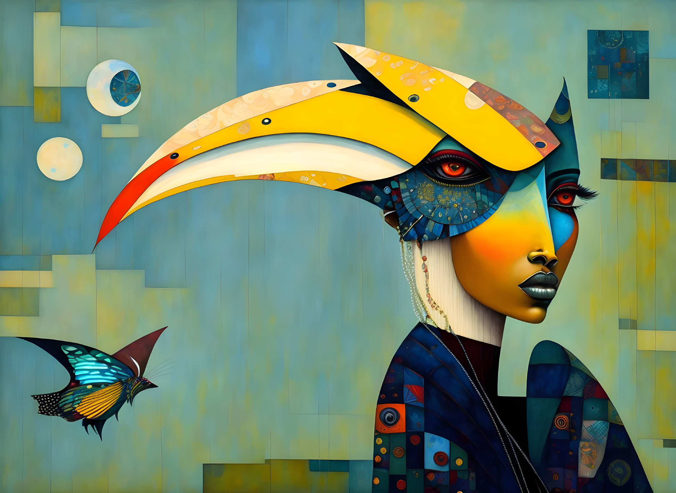 Colorful surreal portrait of woman with toucan-like headdress and butterfly.