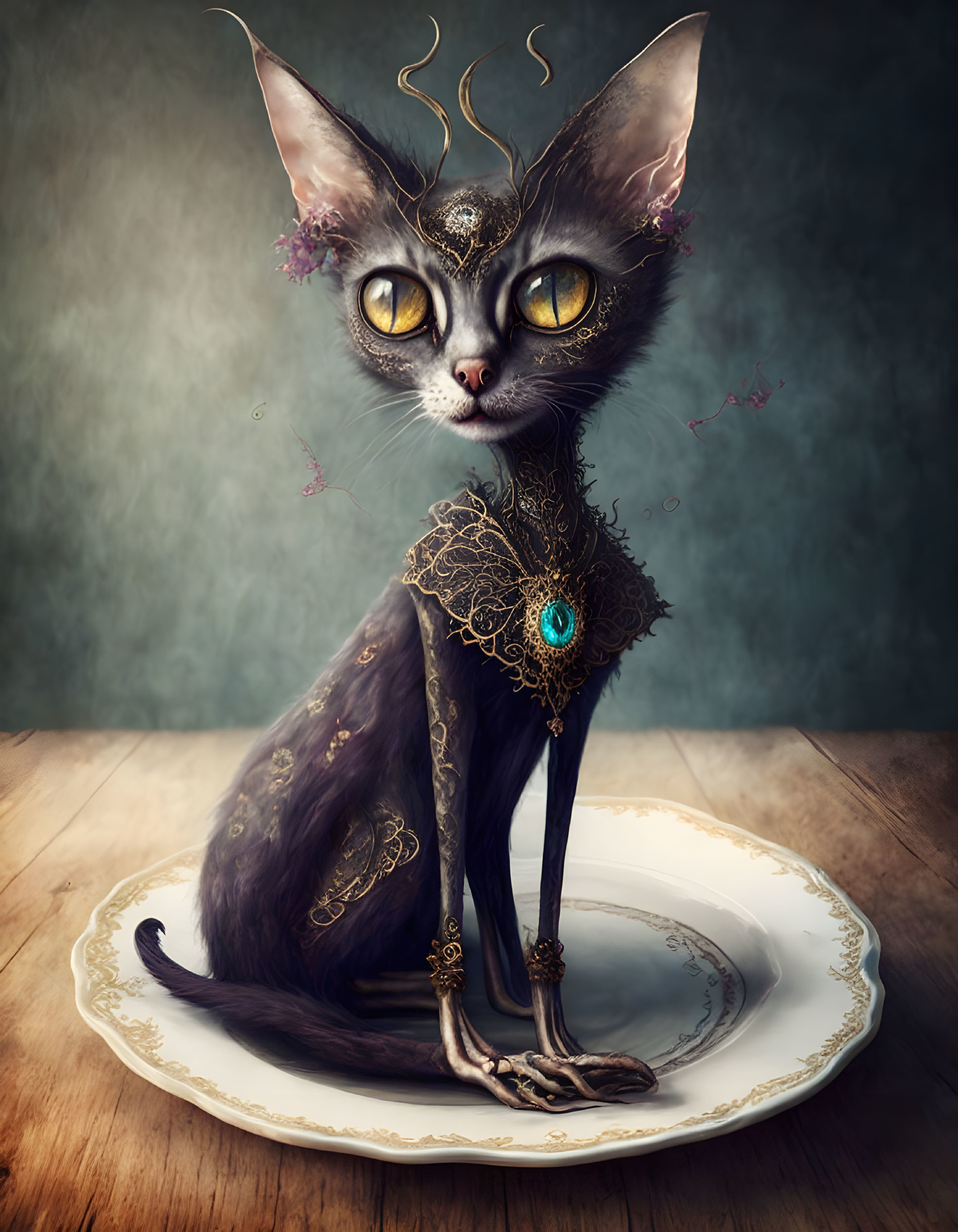 Slender cat with mystical jewelry on elegant plate.