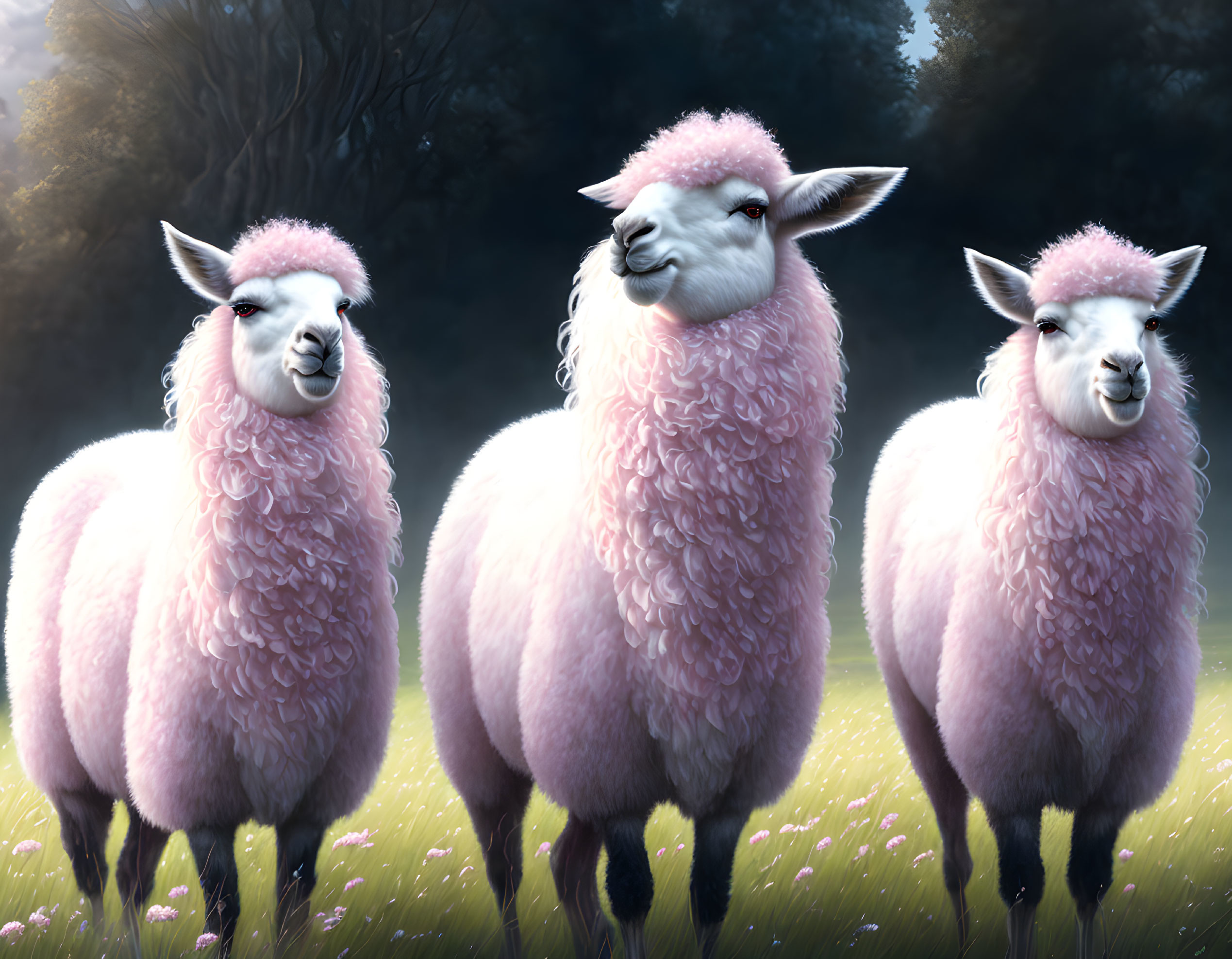 Four fluffy pink llamas in misty field with dark trees