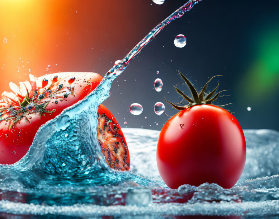 Fresh sliced tomato washed with water splash on vibrant background.