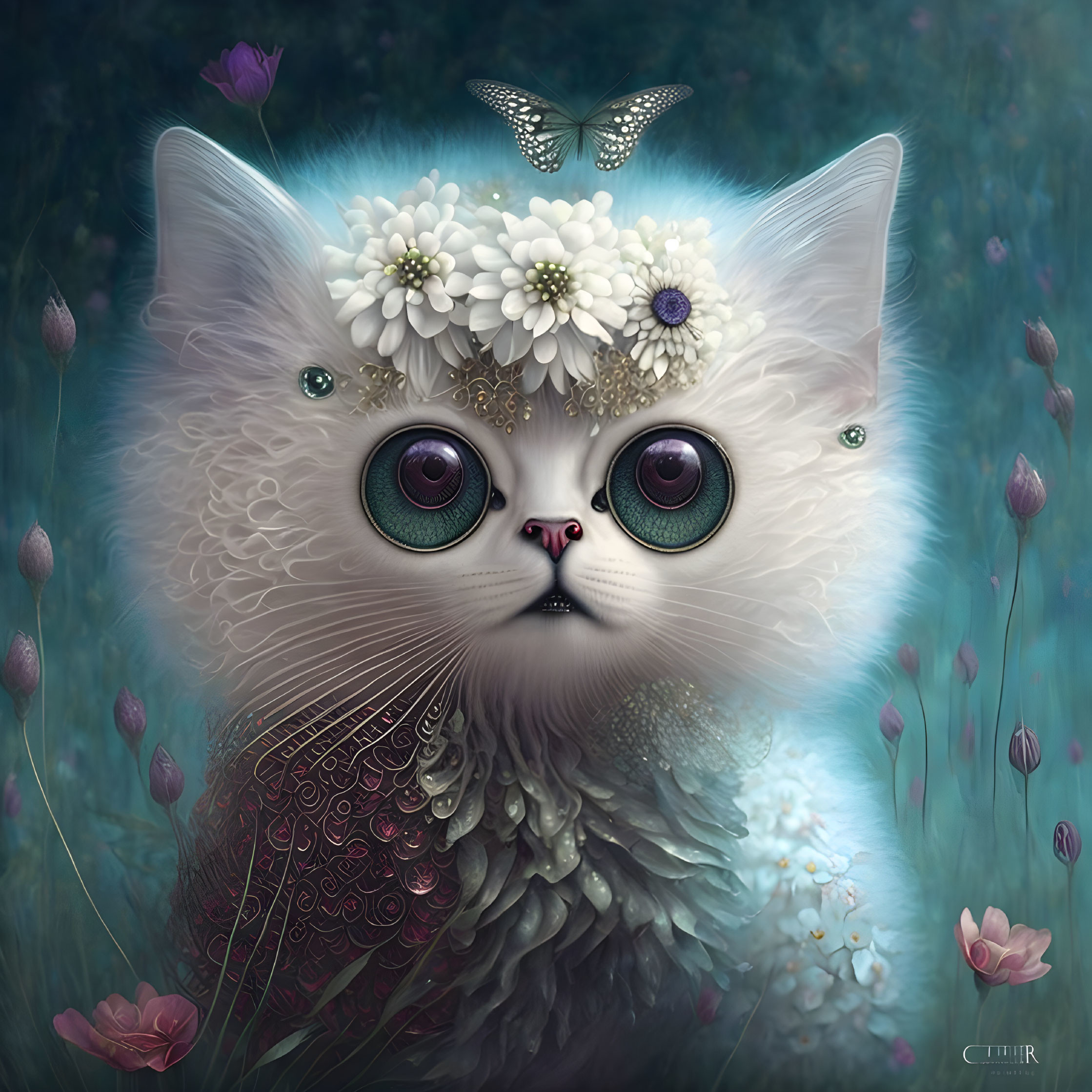 Fluffy white kitten with flower crown and butterfly in whimsical illustration