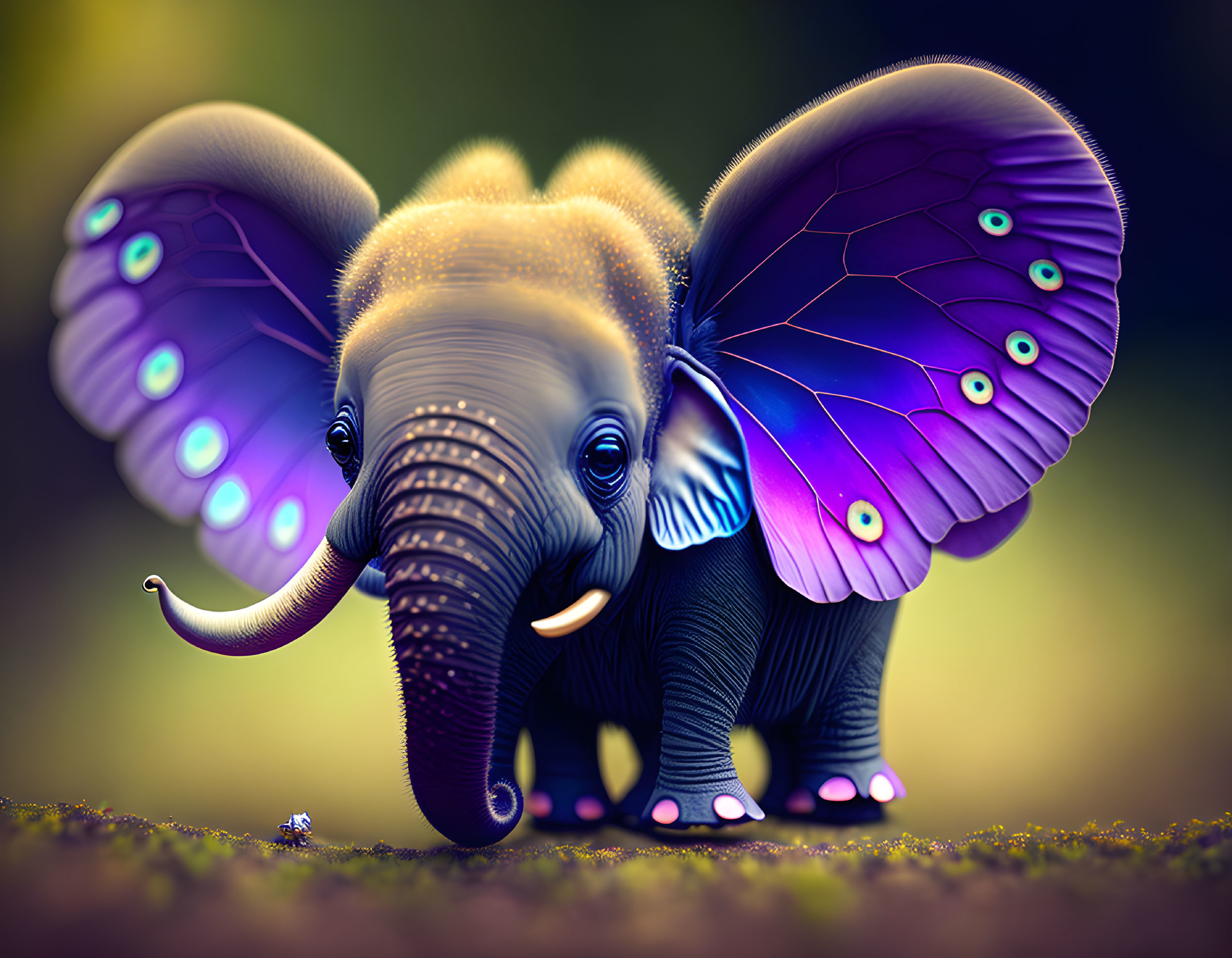 Colorful Baby Elephant with Butterfly Wings and Mouse on Grass