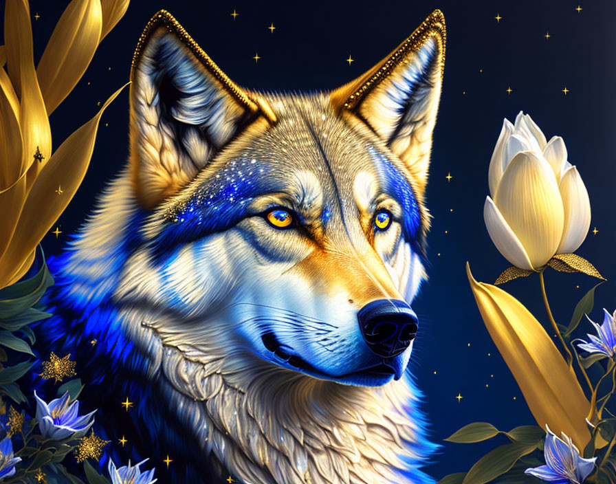 Vivid wolf with blue fur in golden plants under starry sky