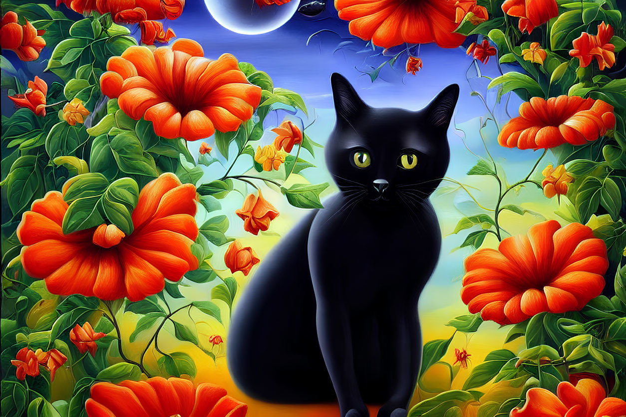 Detailed artwork of black cat with yellow eyes in vibrant floral setting under dual sun and moon