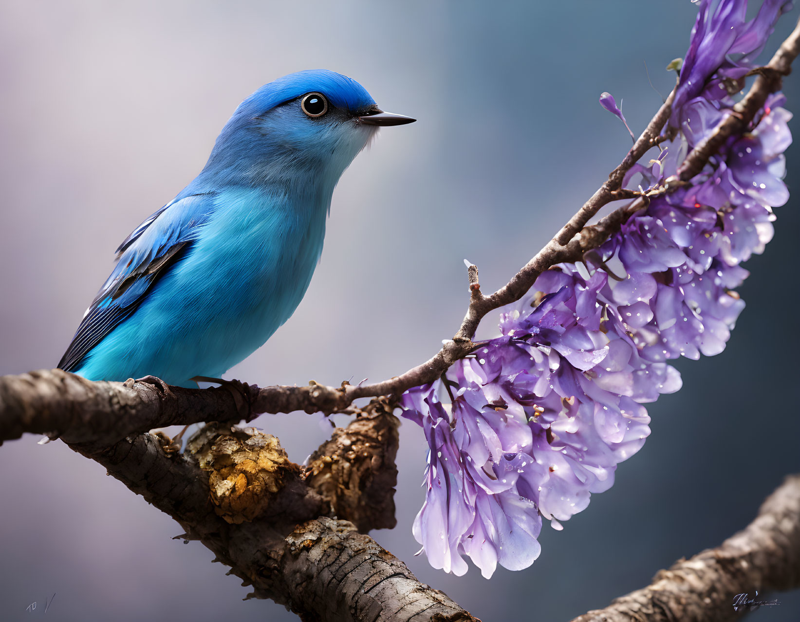 Colorful Blue Bird on Branch with Purple Blossoms and Soft Background