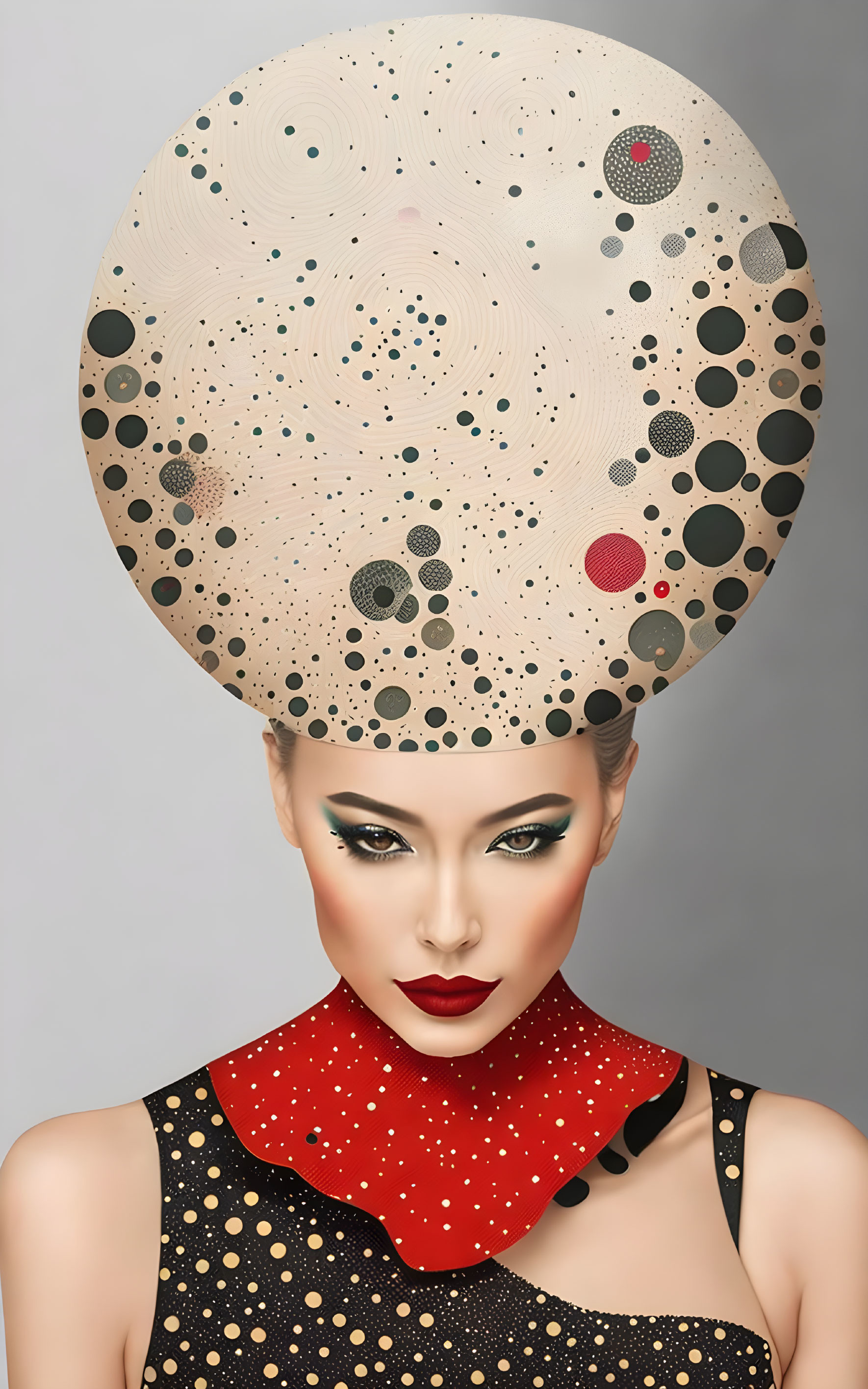 Geometric makeup portrait with abstract hat on grey background