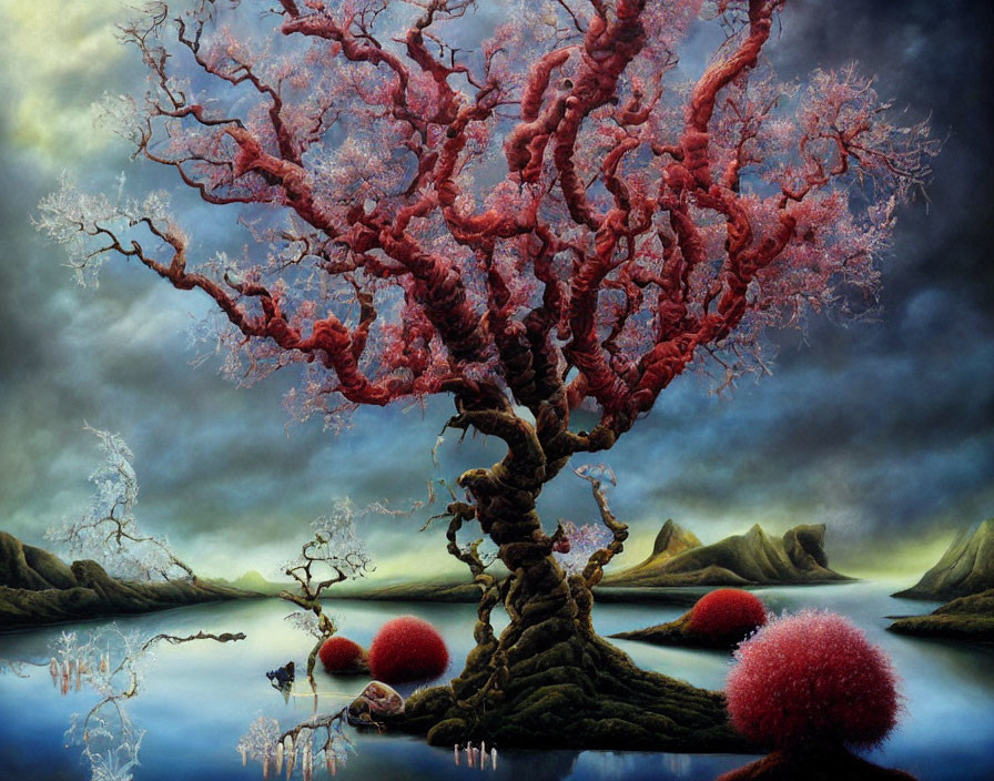 Surreal landscape with twisted tree, pink foliage, water, mossy hills, red bushes