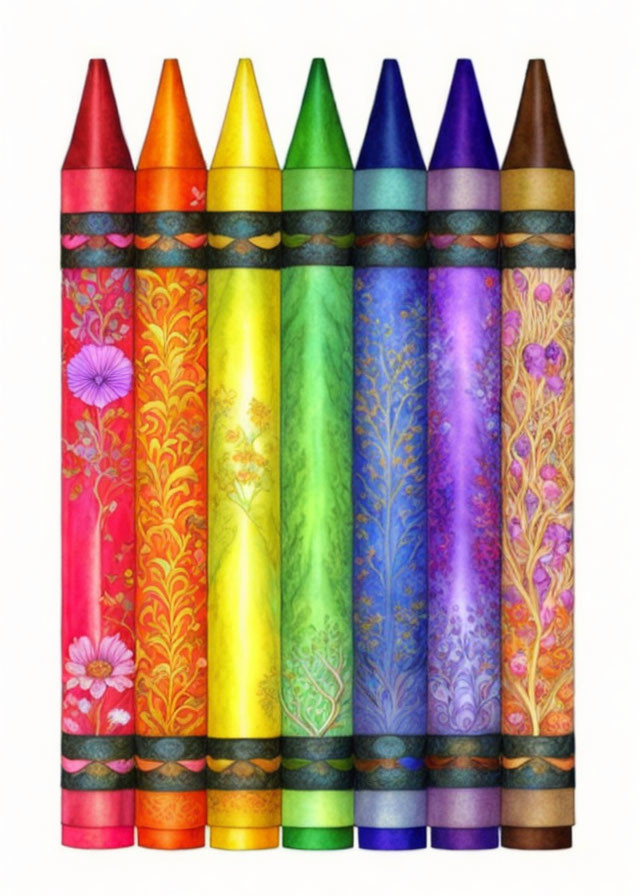 Seven Vibrant Crayons with Floral Patterns in Various Colors