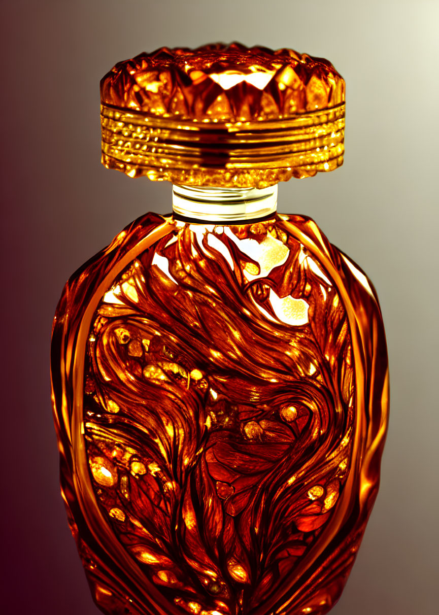 Amber-colored Glass Perfume Bottle with Faceted Cap on Gradient Background