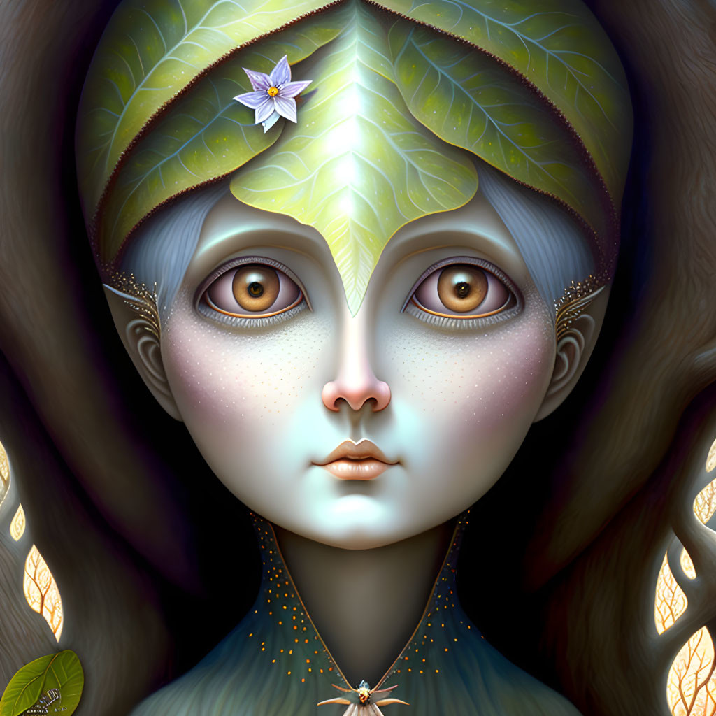 Fantasy character digital painting with leaf headwear and purple eyes.