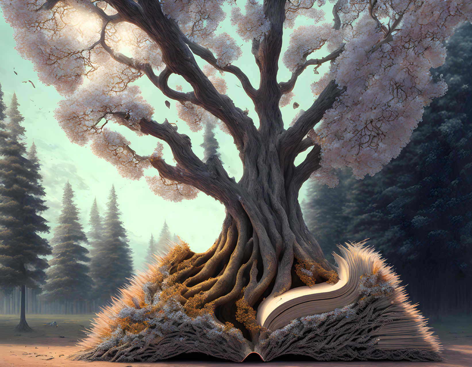 Majestic tree growing from open book in misty forest landscape