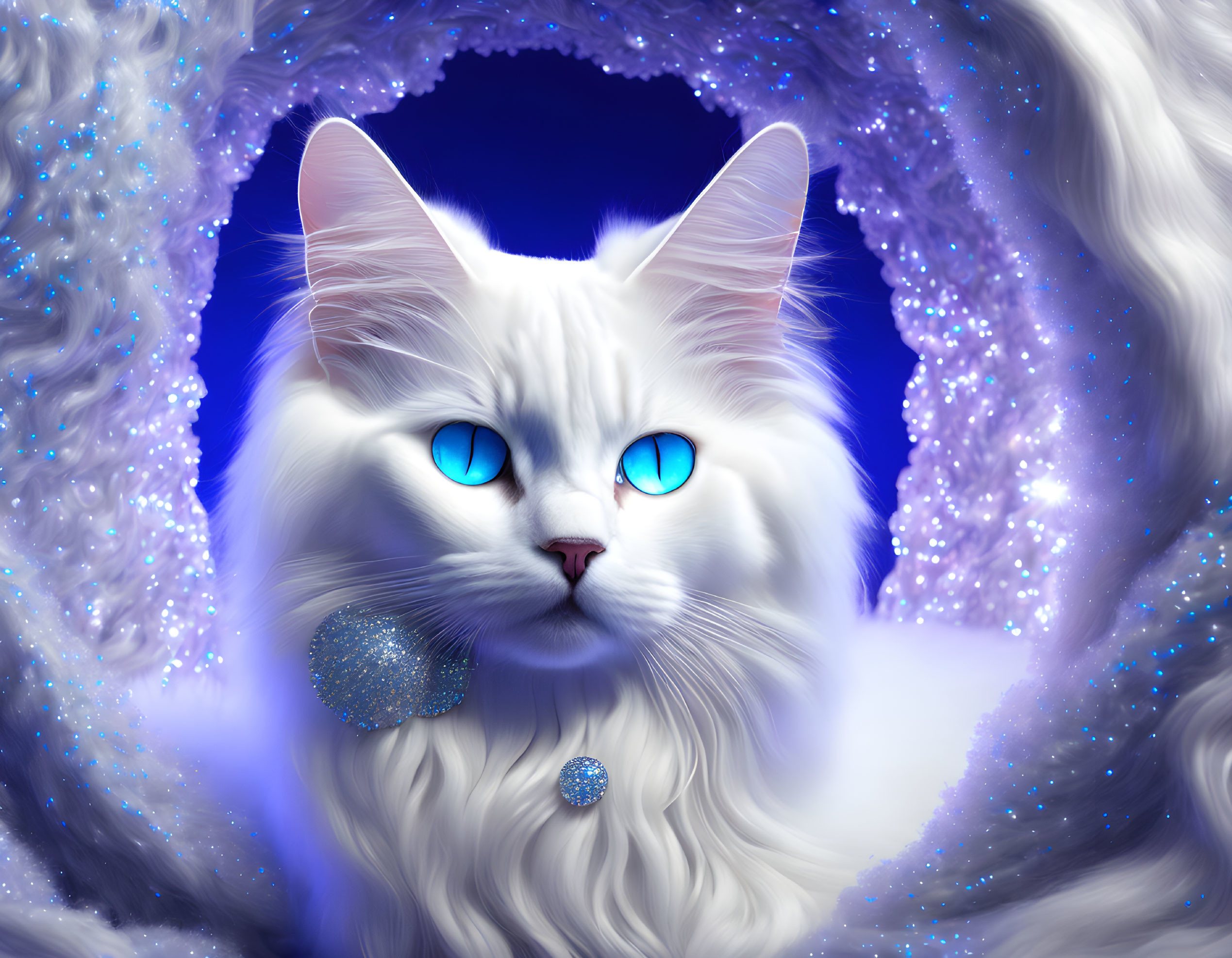 White Cat with Blue Eyes in Cosmic Background with Sparkly Ornaments