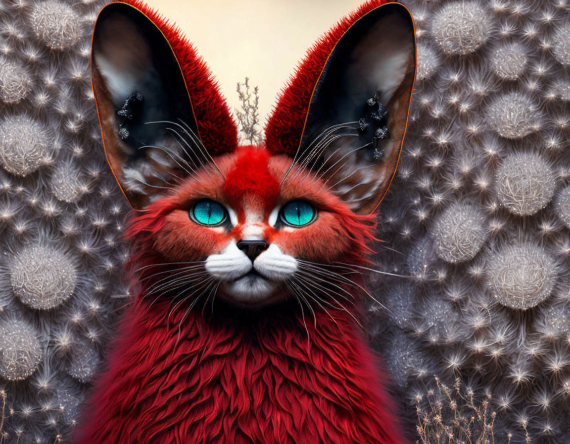 Vivid red surreal cat with large black-rimmed ears and blue eyes on circular pattern background