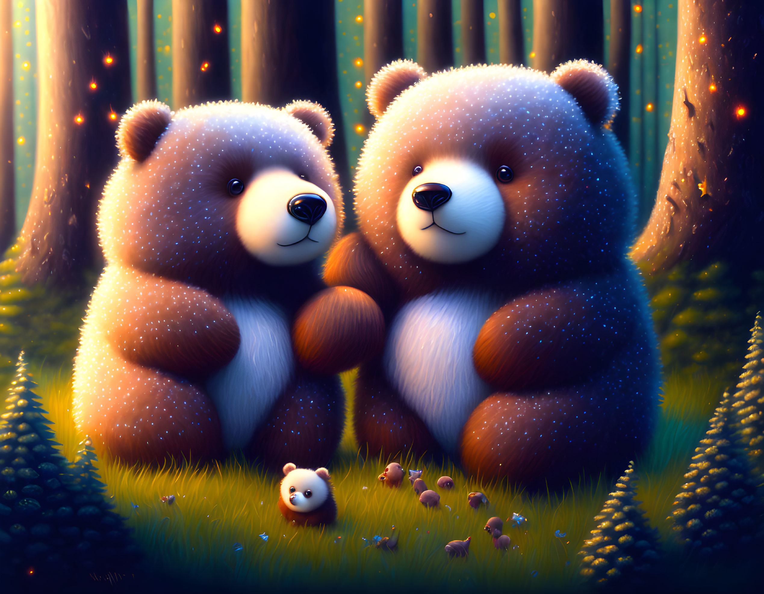 Animated bears and cub in mystical forest with fireflies and mushrooms